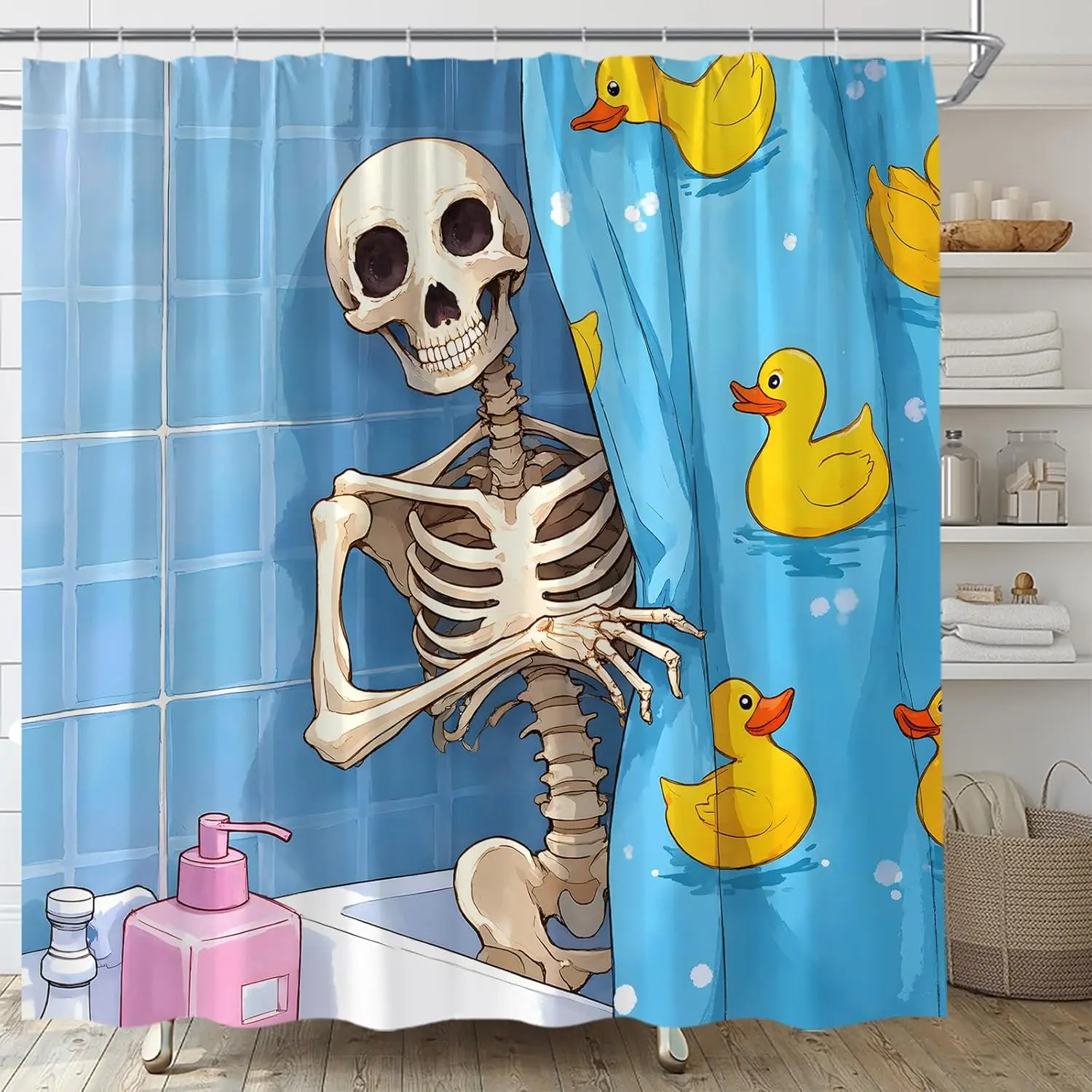 Funny Skull Shower Curtain Funny Skeleton Halloween Blue Cartoon Cute Cool Yellow Duck Kids Horror Gothic Trick or Treat Spook