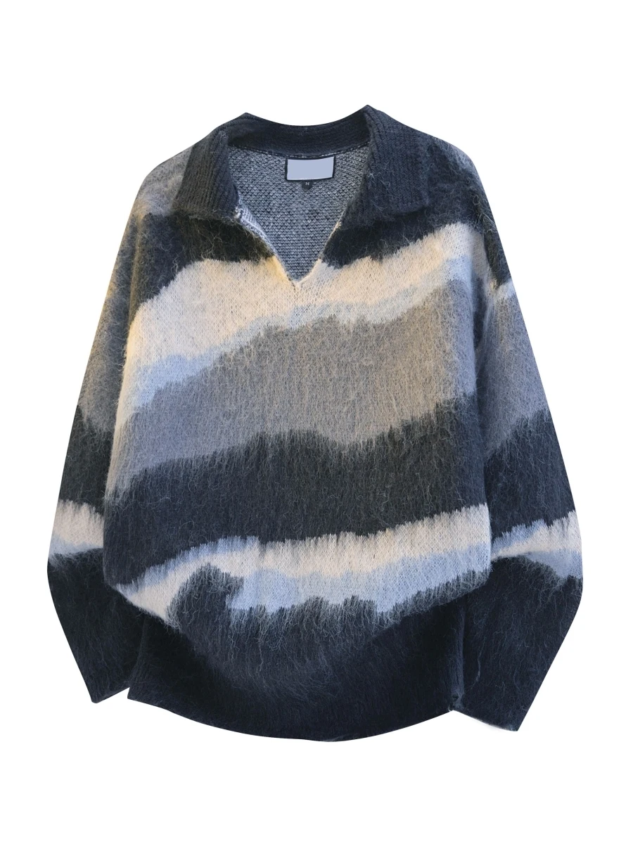 

Американский винтажный свитер унисекс с нерегулярным цветовым блоком и полосками, осенне-зимний, новый, в стиле Lazy Sle, с имитацией воротника, вязаный.