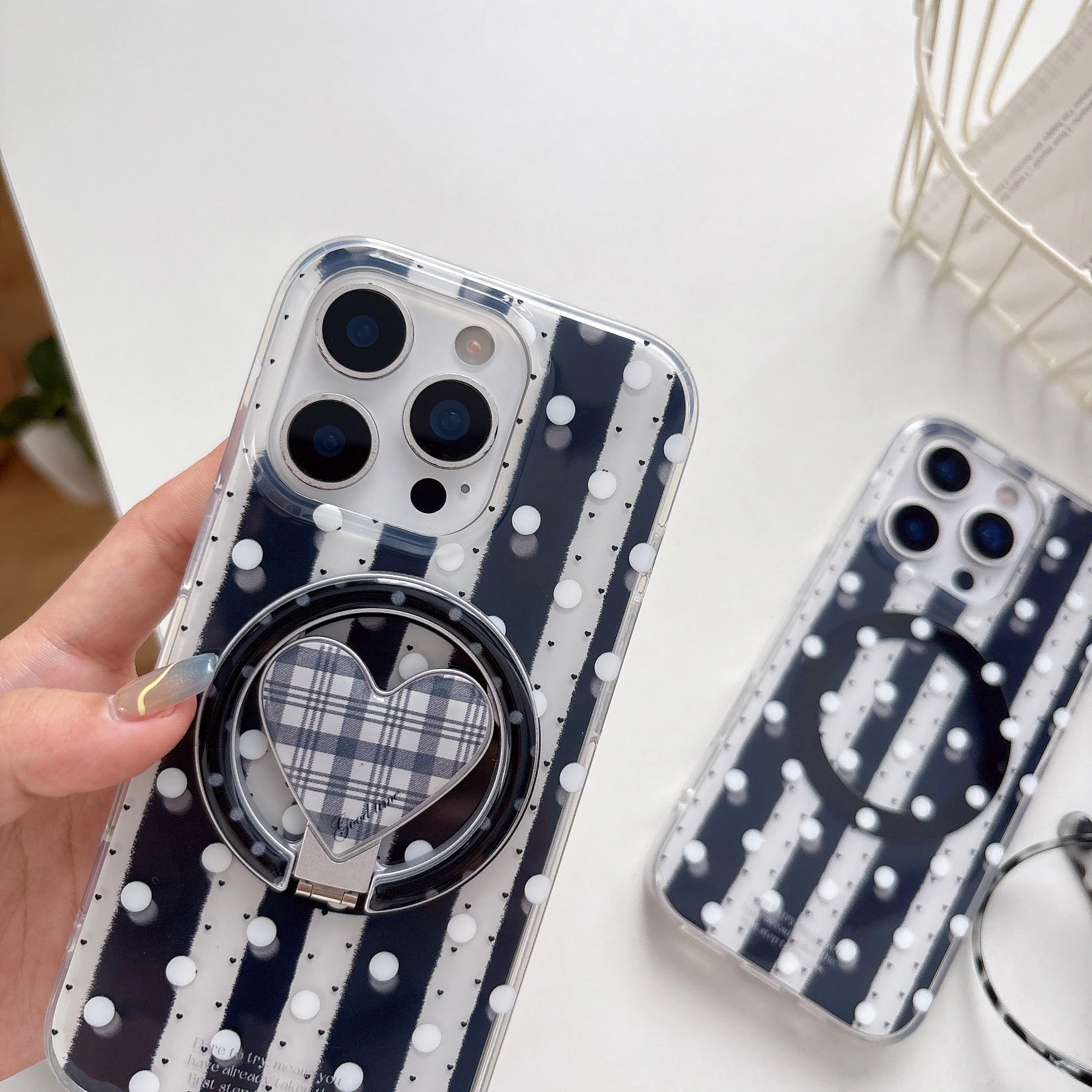 

17Promax Holder For iPhone 13 14 15 16 17 ProMax Fashion Striped Dots,Strong Magnetic Hollow Metal Bracket Phone Case Back Cover