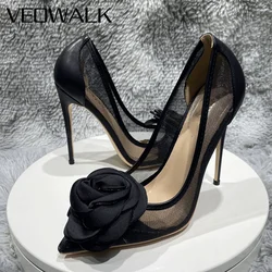 Veowalk 3D Black Rose Women Gauze Patchwork Pointed Toe Stiletto Pumps Elegant Slip On High Heel Shoes for Party Evening Dress