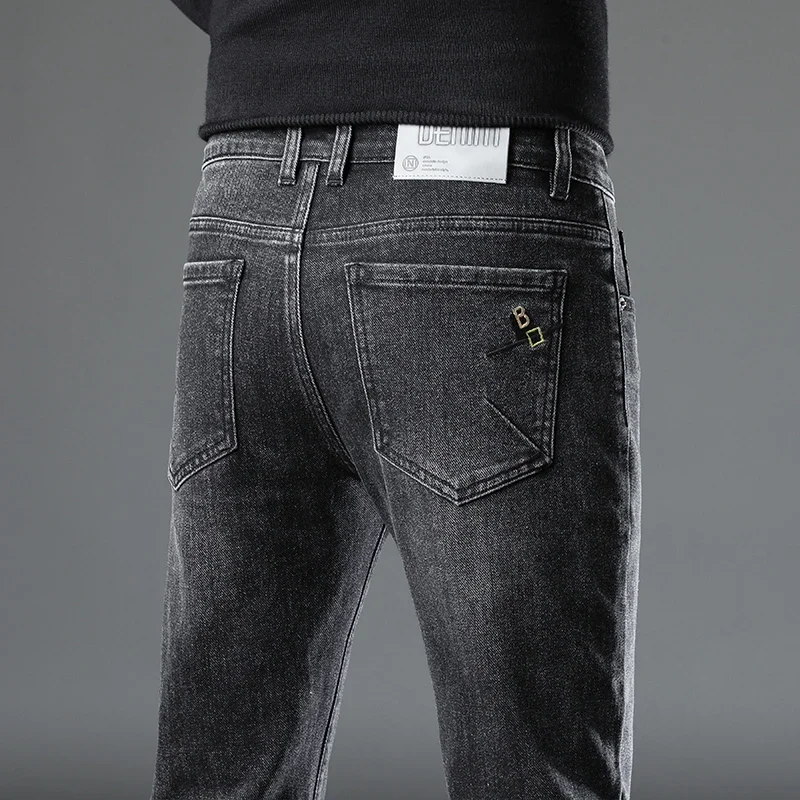 

2025 Classic Men's Business Straight Leg Jeans Elastic Fashion Casual Washed Denim Pants Spring Autumn Trousers Black Grey Blue