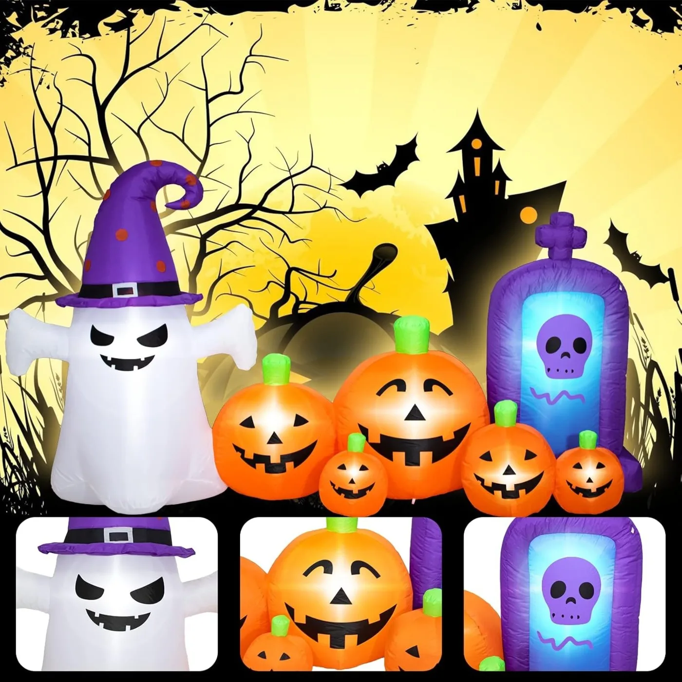 8FT Giant Halloween Inflatable Combo Set, Spooky Skull Gravestone Holiday Yard Welcome Decor