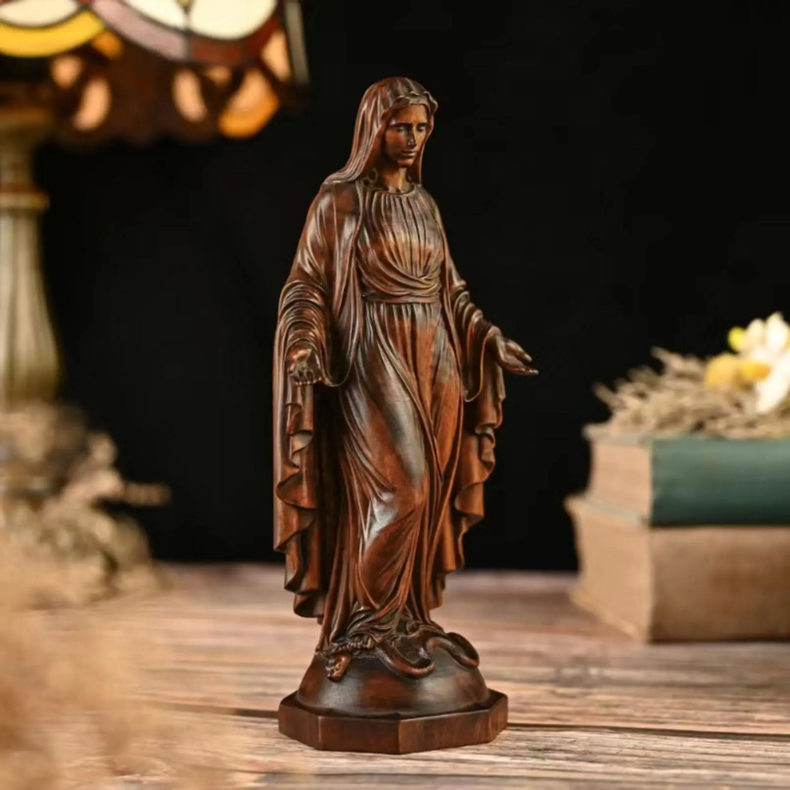 

Virgin Mary Figurine Catholic Carved Wood Sculpture for Shelf Mantel Indoor