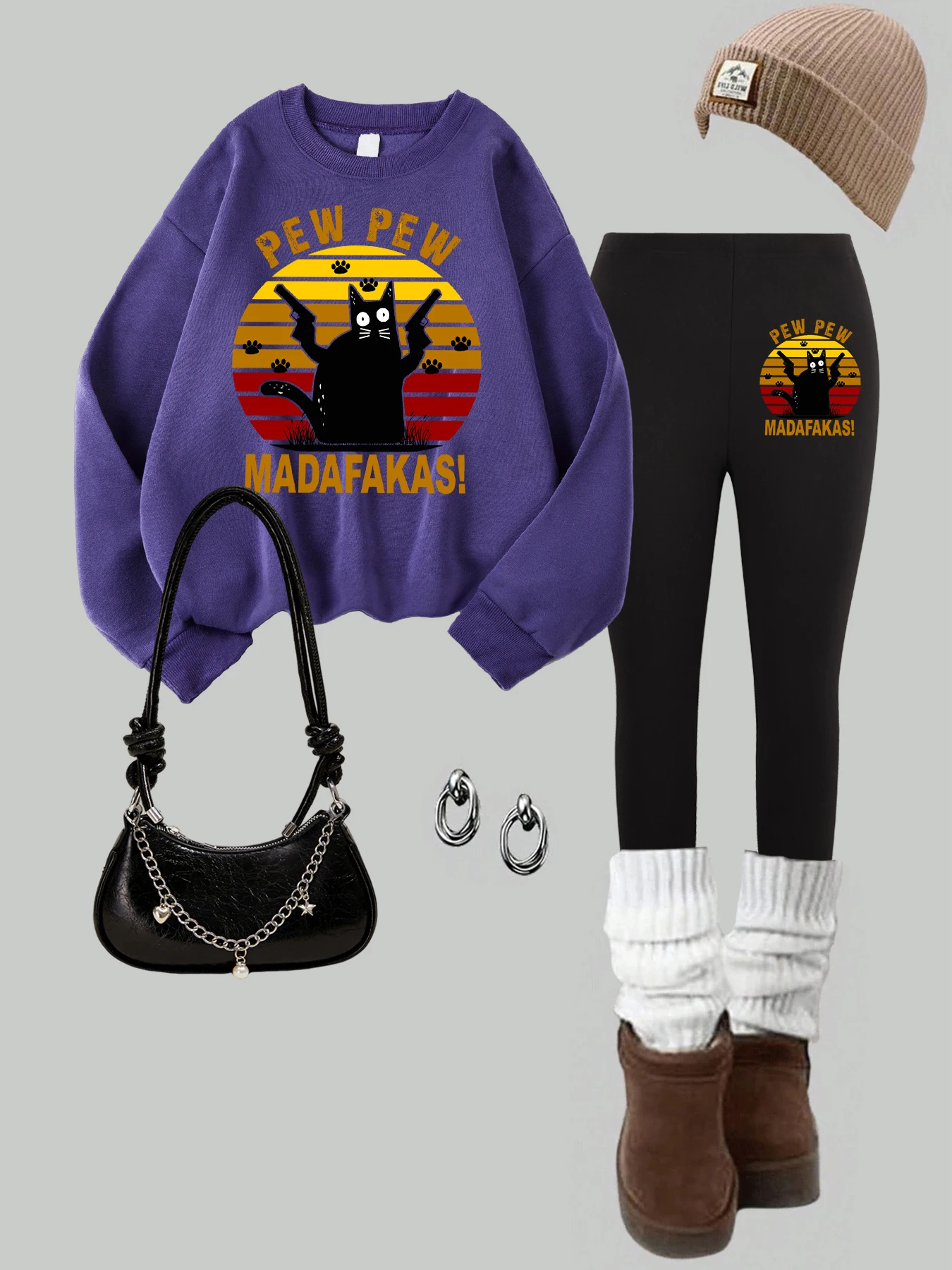 

Pew Pew Madafakas Cats Print Women Sweatshirts Set Thicken Hip Hop Leggings Fleece All-Match Pullover Y2K Crewneck Clothes