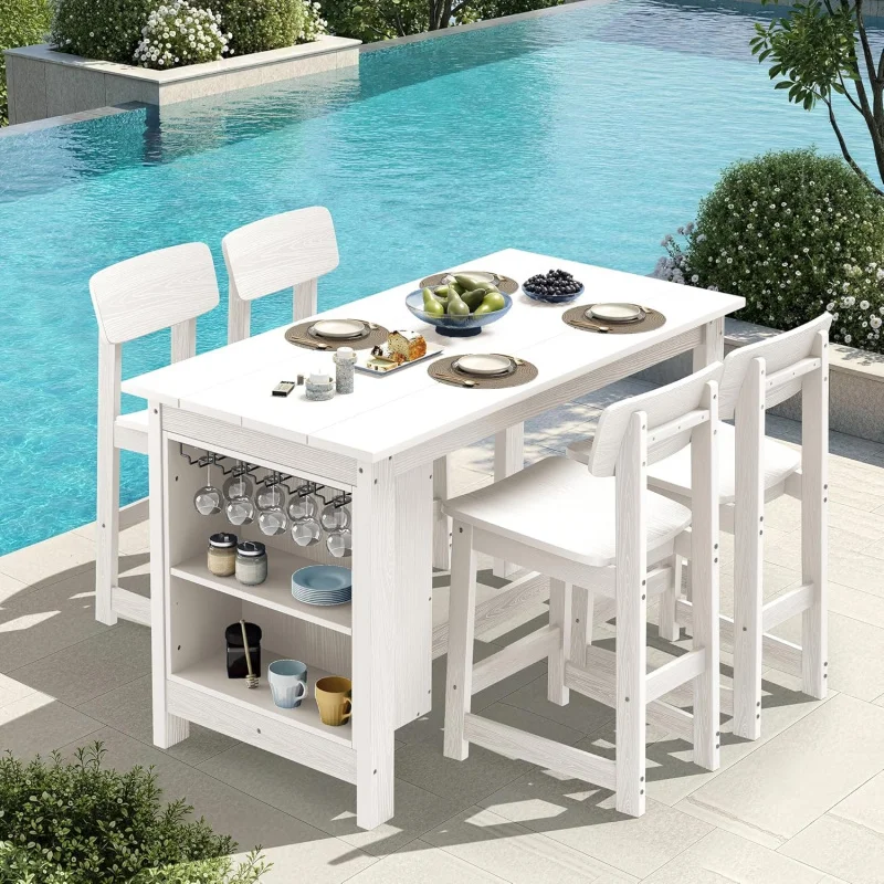 

5-Piece Outdoor Bar Table & Chairs 5-PiSet, Counter Height Patio Dining with Storage & Wine Rack, White Garden/Backyard