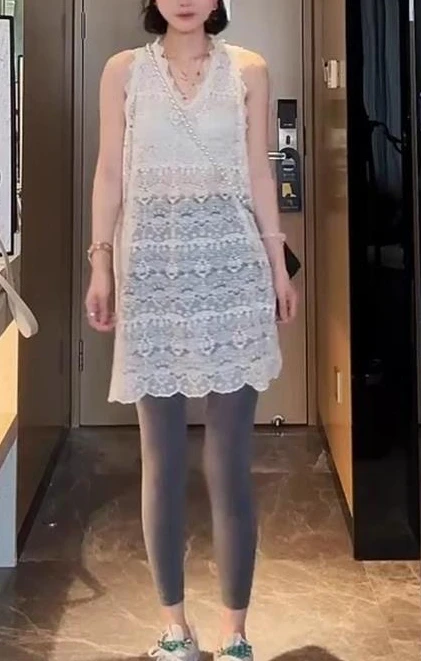 여성용 v 넥 투명 베이지 레이스 드레스 여름 빈티지 시스루 미디 탱크 드레스 Boho Cover Up 민소매 쉬어 메쉬 드레스