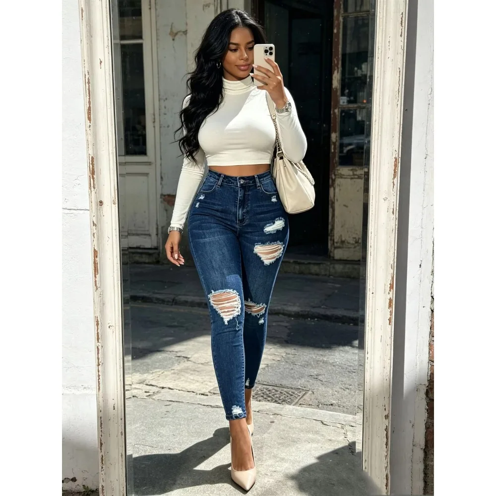 2026 Destroyed Hole Denim Jeans Woman Slim Fit High Waist Pencil Pants Vintage Washed Blue Denim Trousers Streetwear XS-XL