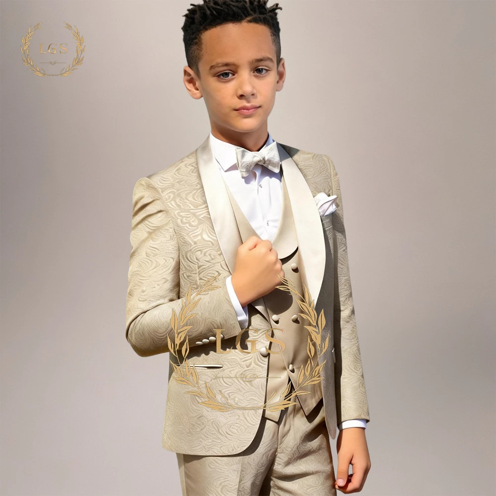 Boys' 3-Piece Jacquard Suit Set – Shawl Lapel Blazer, Matching Waistcoat & Trousers for Weddings & Formal Events