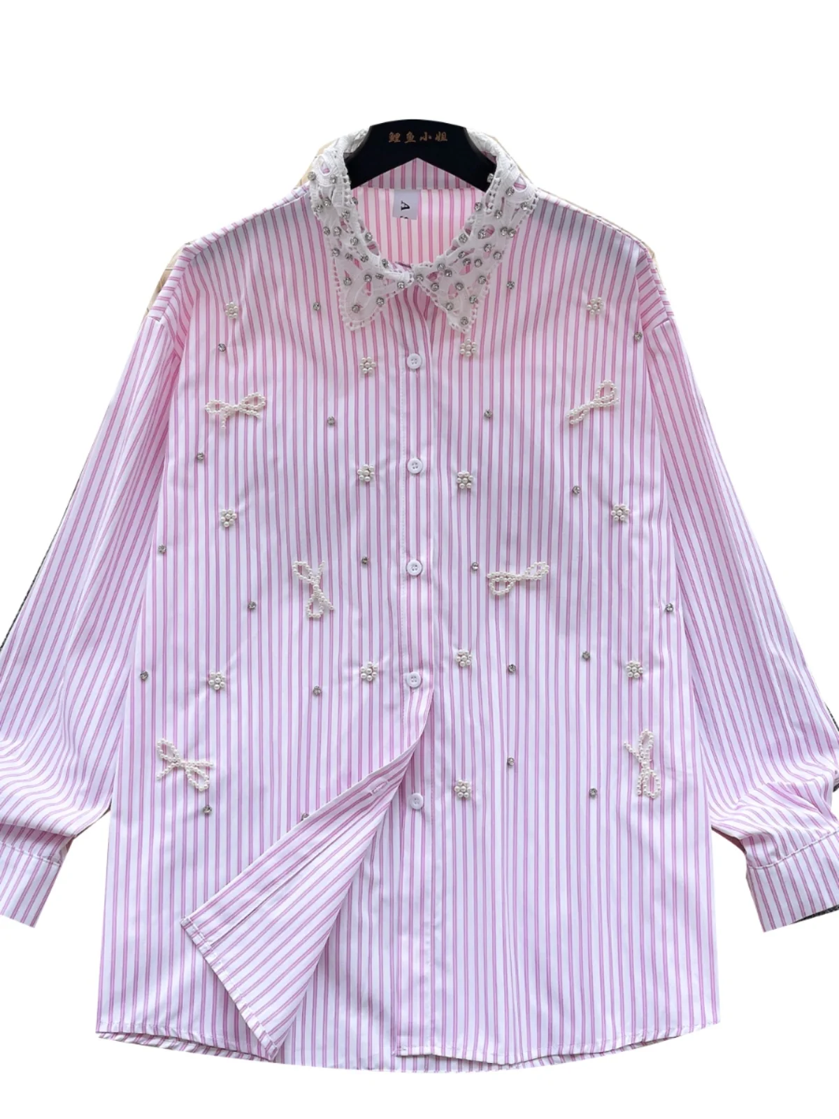 

Женская рубашка с длинным рукавом, свободная блузка в полоску со стразами и бантом, осень-зима