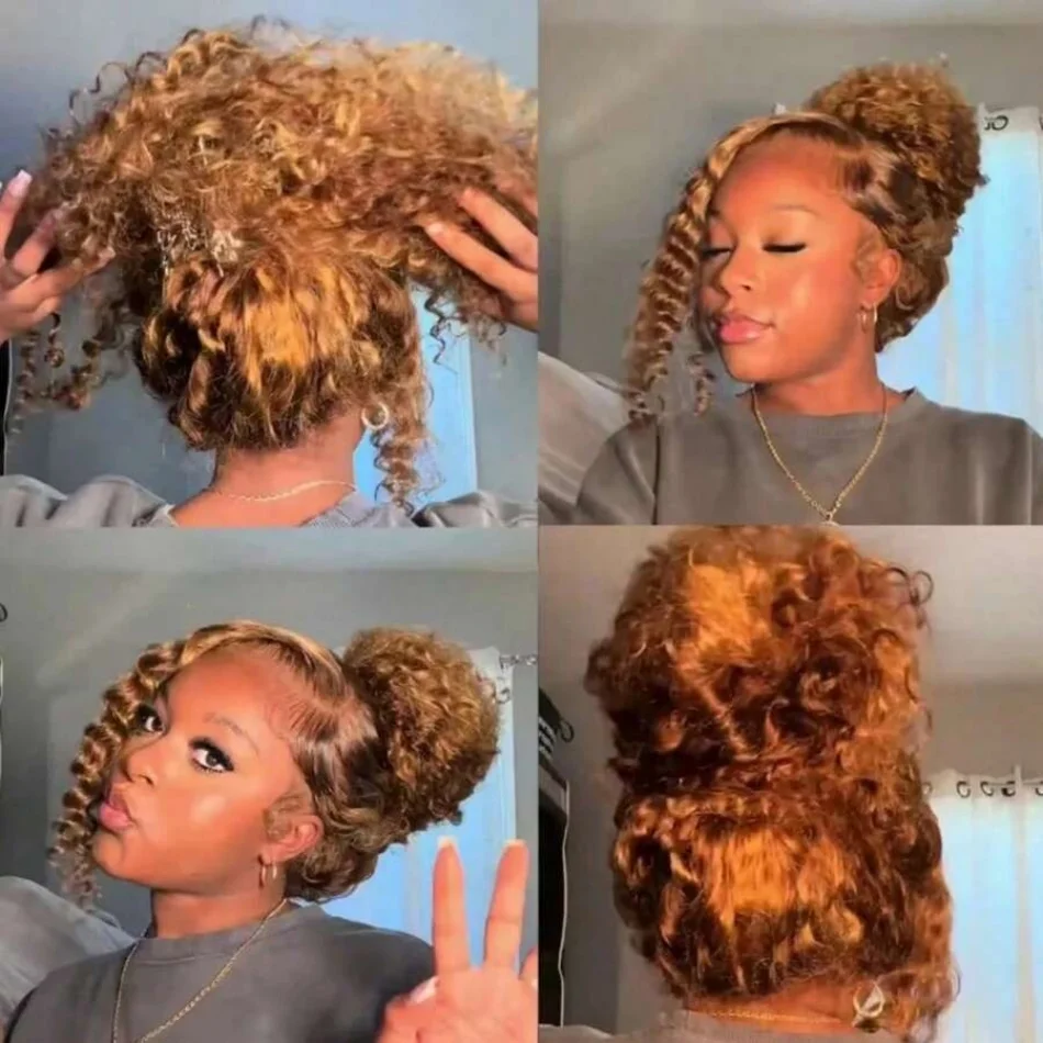 427 Highlight Wig Deep Wave 360 Full Lace Wig Human Hair Pre Plucked HD Honey Blonde Newborn Hairline For Women Breathable Invisible Drawstring Wig Wavy Wigs