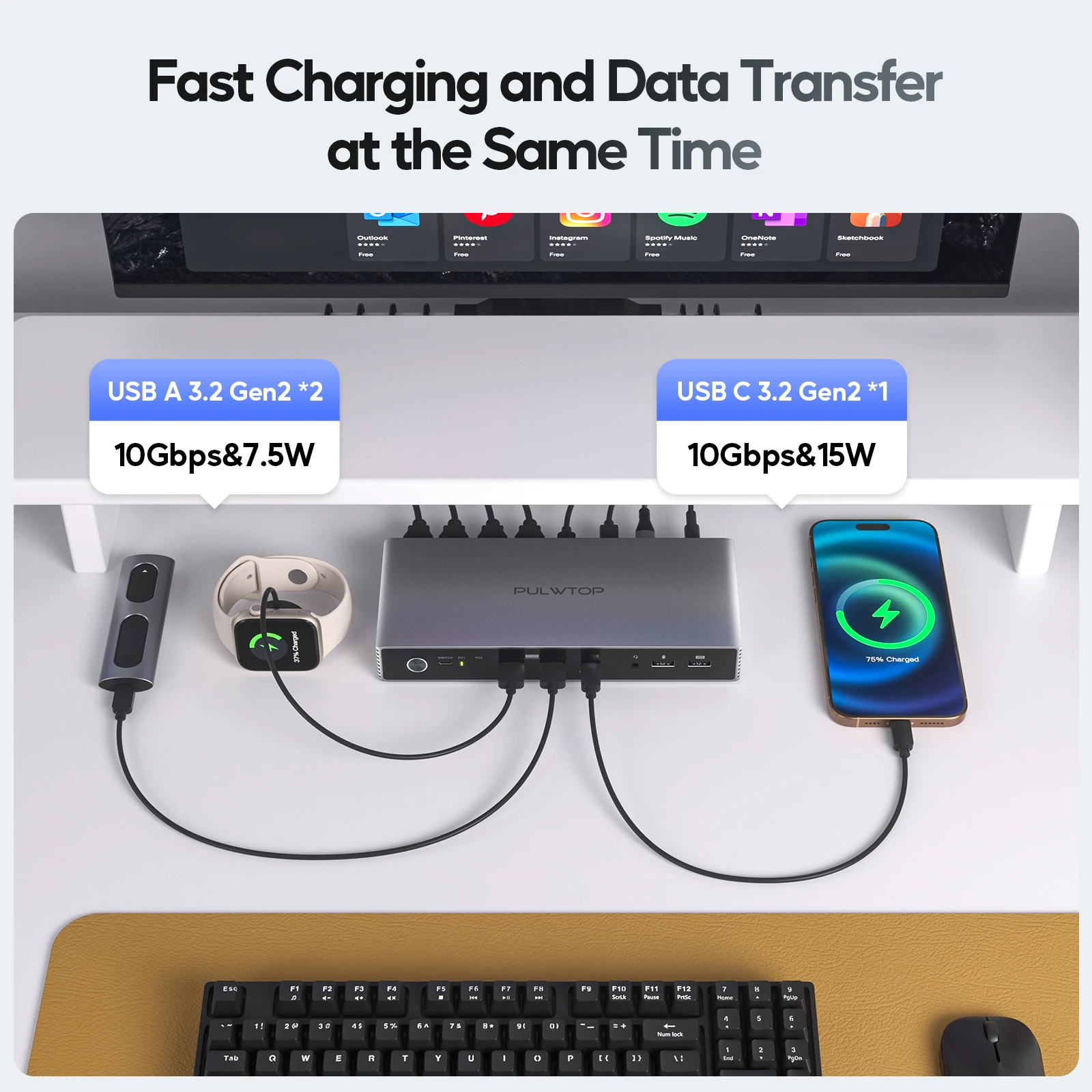 محطة إرساء PULWTOP KVM لأجهزة الكمبيوتر المحمول وسطح المكتب، مع 2 HDMI، USB A/C 3.2 بسرعة 10 جيجابت في الثانية، شحن 15 وات، صوت #5