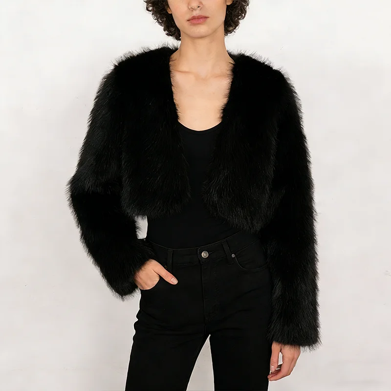 Damski płaszcz futrzany jesienno-zimowy, nowy, jednolity kolor, długi rękaw, krótki krój, modny, pluszowy, gruby, ocieplany futrem.