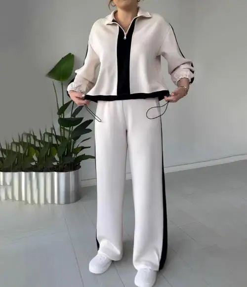 Two Piece Set Women Outfit 2025 Spring Autumn New Turn-Down Collar Contrast Lazy Long Sleeve Top & Casual Pocket Pants Set
