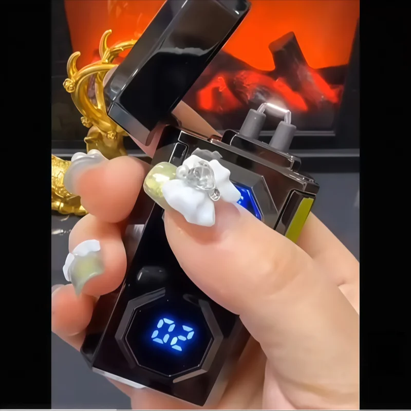 TOP High Power Windproof Arc Charging USB Lighter Outdoor Strong Light Large Capacity Battery Level Display Electric Lighters