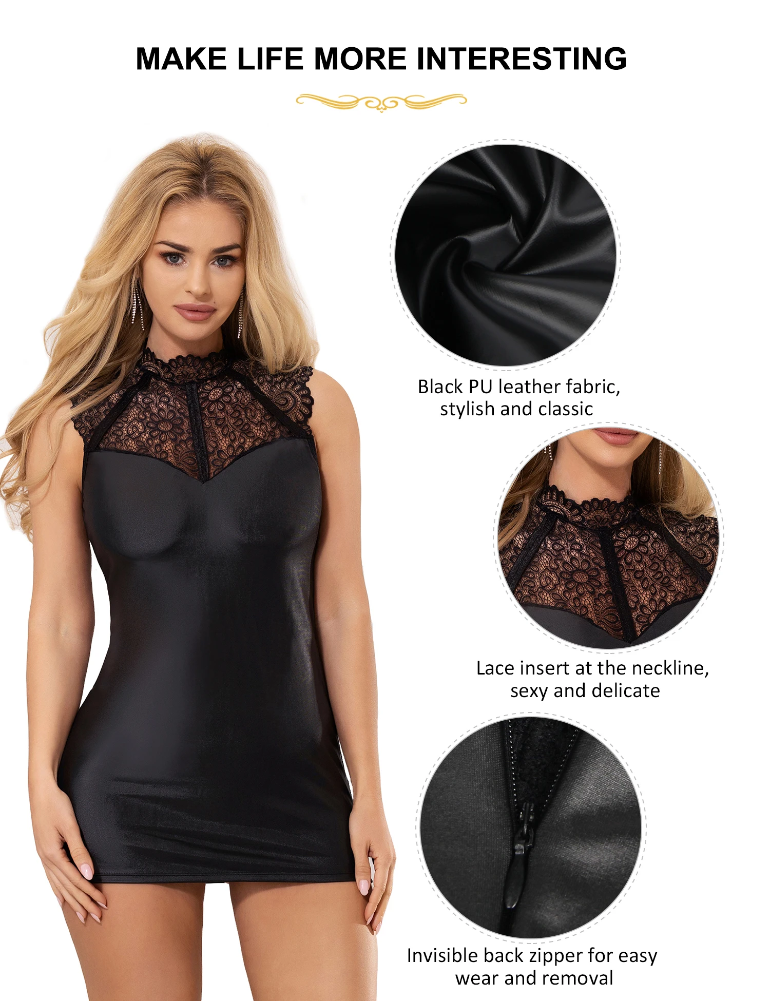 Comeondear Plus Size Women Dress Outfit Wetlook Cocktail Sleeveless Faux Leather Party Mini Club Latex Bodycon Babydoll Lingerie — zdjęcie 7