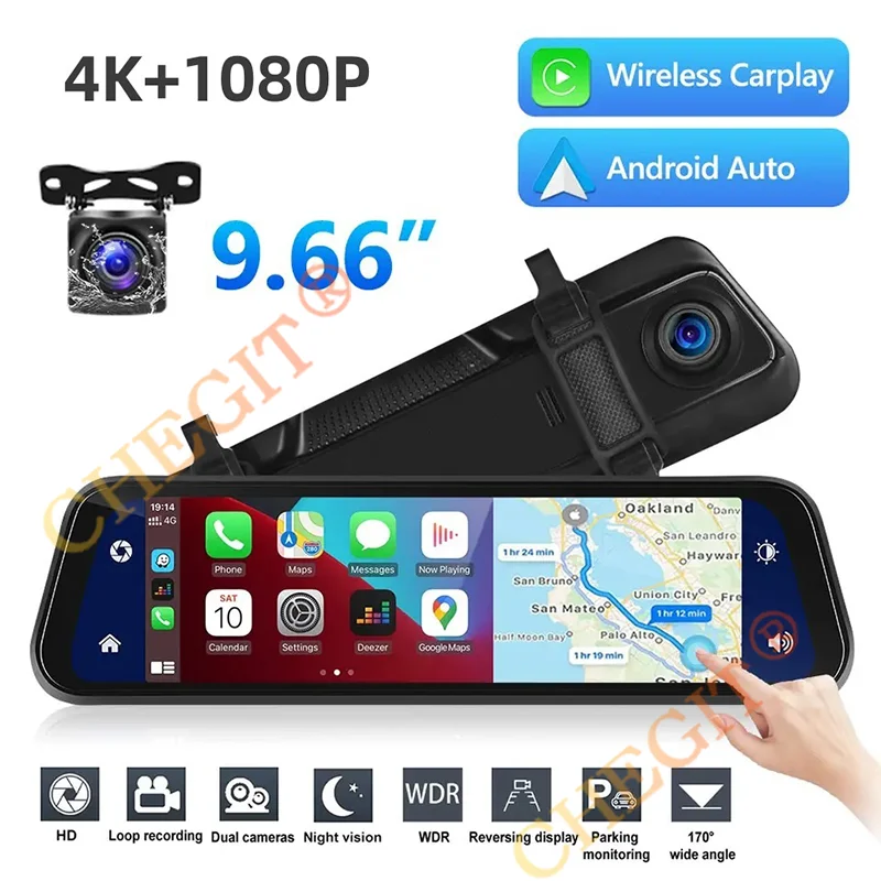 

UHD 4K 3840*2160P Car Dvr Carplay Android Auto GPS 5G WIFI AUX Dash Cam Stream RearView Mirror Dashcam Camera Drive Recorder FM