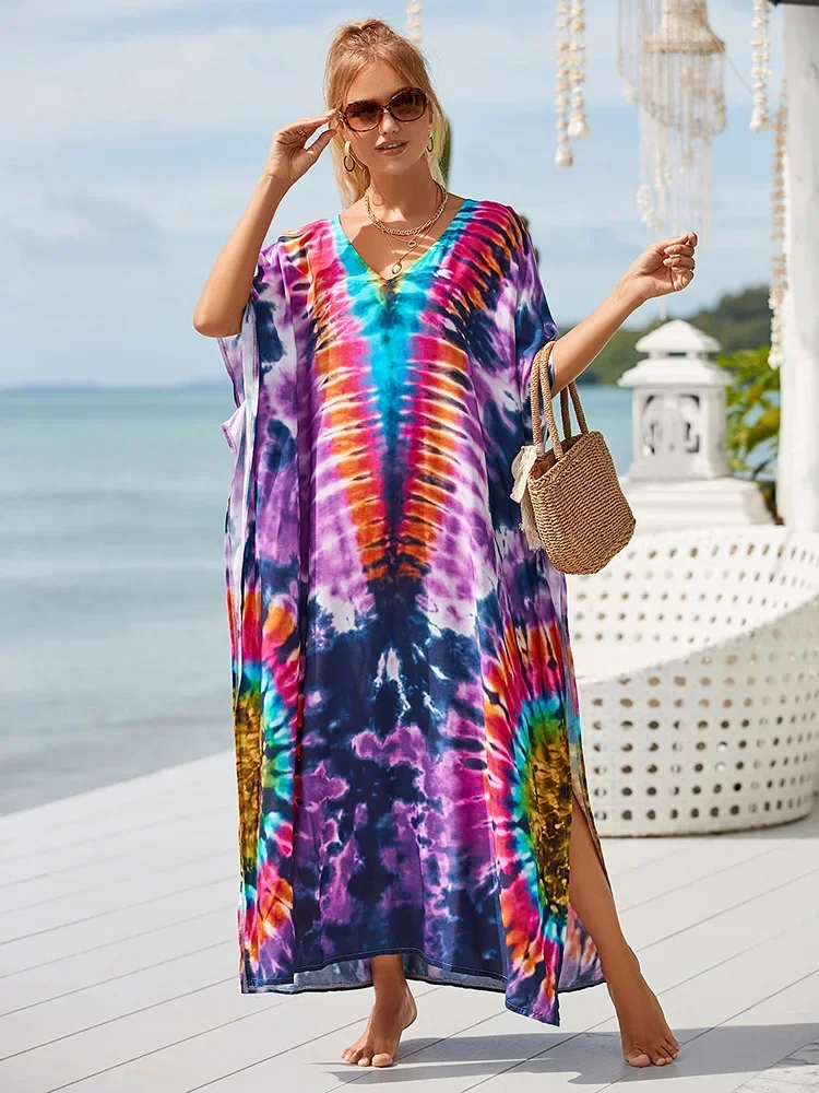 

New Swimsuit Cover-Ups Women Robe Contrast Color Printed V-Neck Plus Size Beach Long Dress Summer 2025 Fashion Beach Cover Up