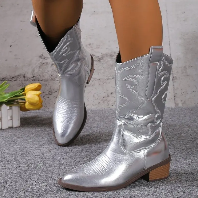 

NEW Fashion Women 2024 Cowboy Short Ankle Boots for Women Chunky Heel Cowgirl Boots Embroidered Mid Calf Western Boots Hot 43