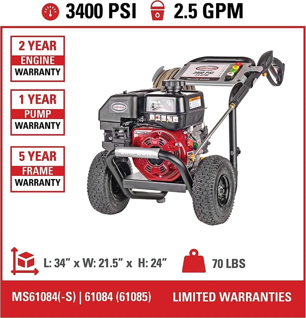 3400 PSI Gas Pressure Washer,2.5 GPM,Lncludes Spray Gun and Extension Wand,5 QC Nozzle Tips,5/16-in. X 25-ft. MorFlex Hose,Black