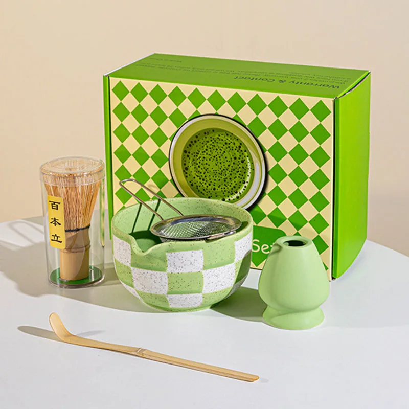 4/5pcs matcha tool set, checkered ceramic matcha bowl with spout, breakfast and latte making tool set, etiquette matcha set gift