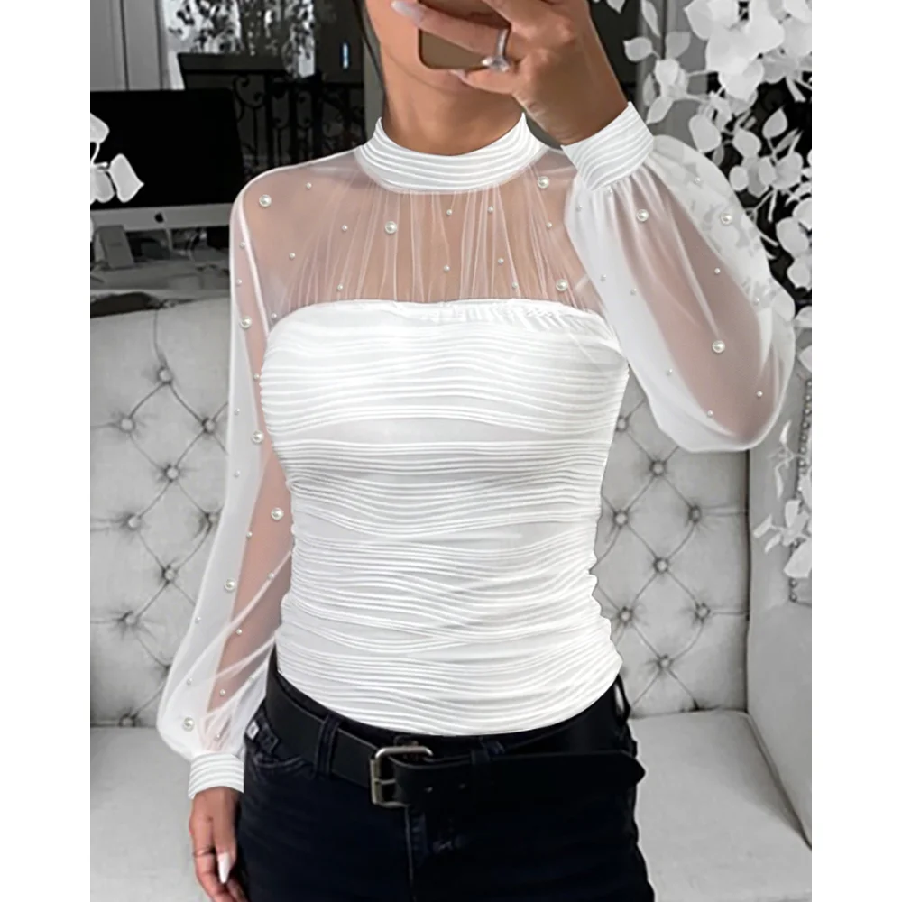 

2025 Autumn Women's Pearls Decor High Neck Sheer Mesh Spliced Ruched Tee Hollow-out Back Slim Fit Textured Top for Sexy Lady