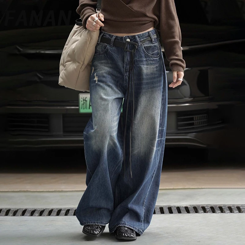 

FANAN винтажные потертые джинсы для женщин, прямые широкие джинсовые брюки с высокой талией, офисные женские уличные брюки, новинка осени 2023 г.