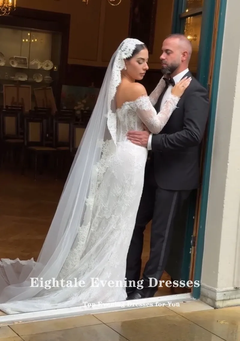 Eightale Lace Wedding Dresses V-Neck Customized Long Sleeves Lace Mermaid White Ivory Muslim Bridal Gown Vestidos De Novia