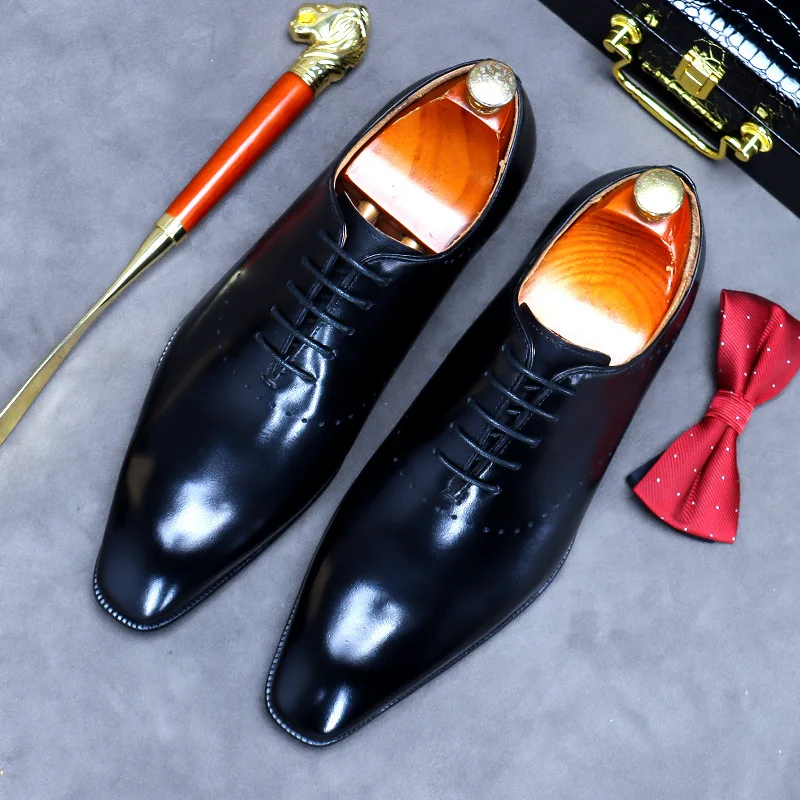 Business Formal Wear Pointed Toe Shoes Men\'s Leather Oxfords Male Cowhide Lining British Carved Mens Handmade Bullock Shoes