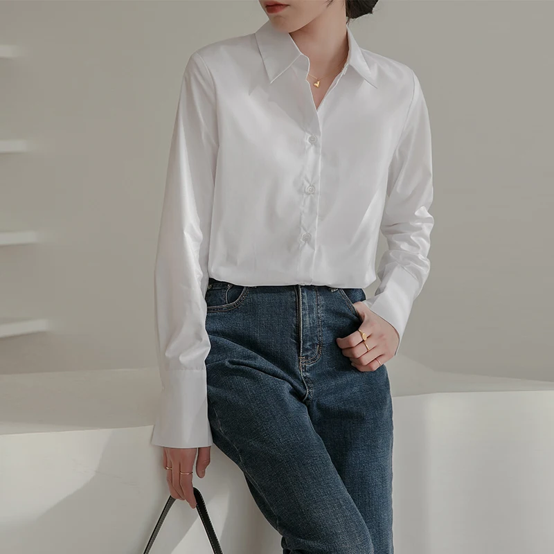 Autumn 100% Cotton Women's White Blouse 2023 New Korean Long Sleeve Single Breasted Casual Office Shirts Chic Tops Female