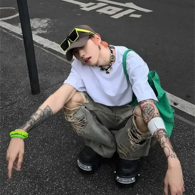 Retro High Street Washed Yellow Mud Ripped Jeans men American Loose Spring Autumn Casual Wasteland Style Trendy Versatile Pants