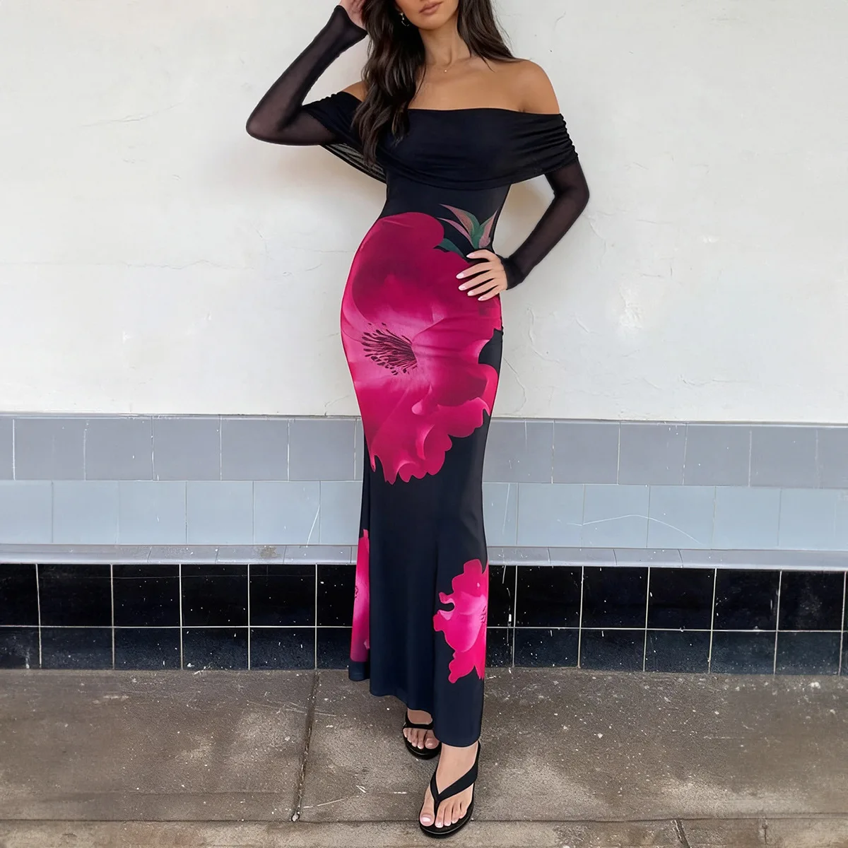 

Elegant Floral Print Strapless Long-Sleeve Ankle-Length Dress Slash Neck Sexy Fitted Dress Spring Summer Casual Women's clothes