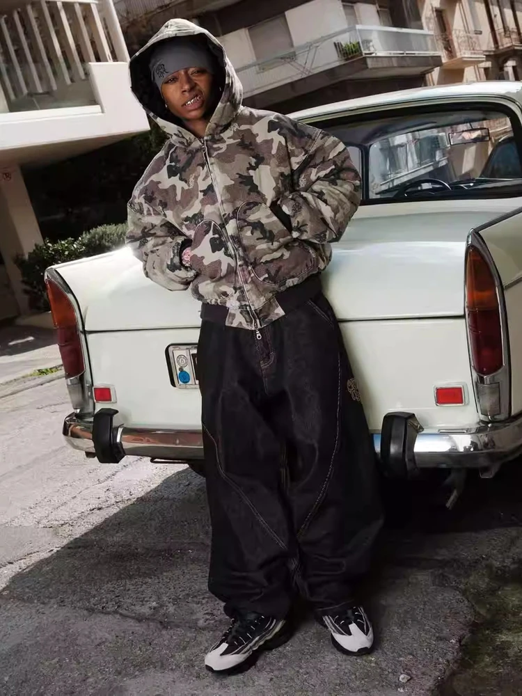 

Mertra American Embroidery Logo Letter Men's Street Retro Loose Straight Leg Casual Long Jeans Cotton mid Waist Zipper