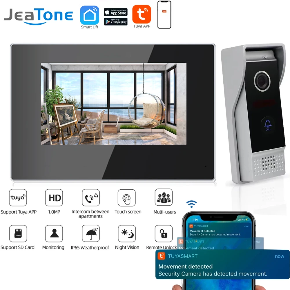 Jeatone 7inch WiFi Video Intercoms Home Security System White Color Touch Screen Monitor, Multi-language, Support Remote Control