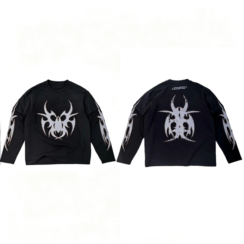 Gothic Metal‑Studded Graphic Long Sleeve Tee Vintage Washed Distressed Loose Casual Streetwear Splice Two‑Piece Tops