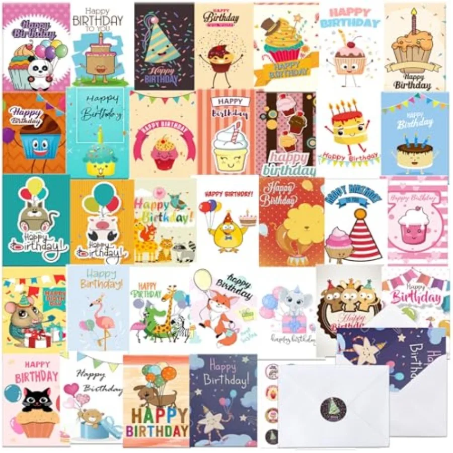 

160 Happy Birthday Cards with Envelopes and Stickers - Bulk Assorted Designs for All Ages, 4x6 Inch Blank Greeting Cards Set