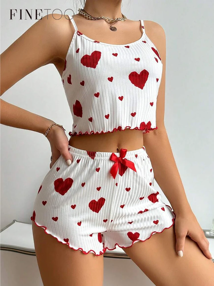 

Женский пижамный комплект из 2 предметов с принтом сердца, укороченный топ и шорты без рукавов, дышащая мягкая повседневная одежда для сна, домашняя одежда на лето