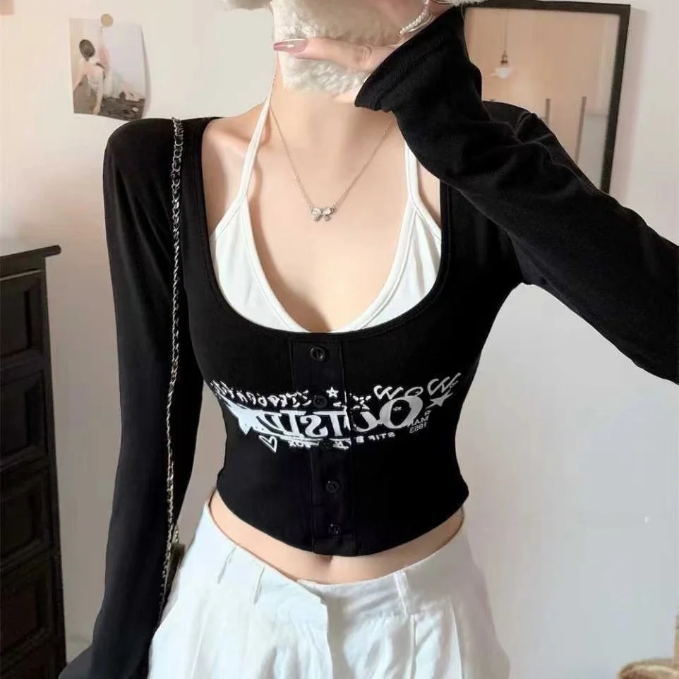 Korean Style Pure Desire Print Long Sleeve Women's Slim Fit Top with Chest Pad Fashionable Versatile Single Piece Spring New