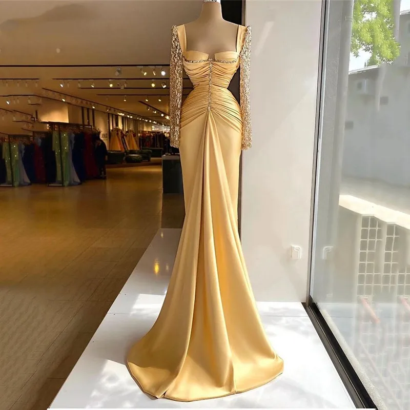 Robe de soirée perlée à manches longues, corset d'Arabie Saoudite, robe de soirée de Rh, robe de cocktail chérie, robe de sirène traînante, quelle que soit la couleur jaune, 2023