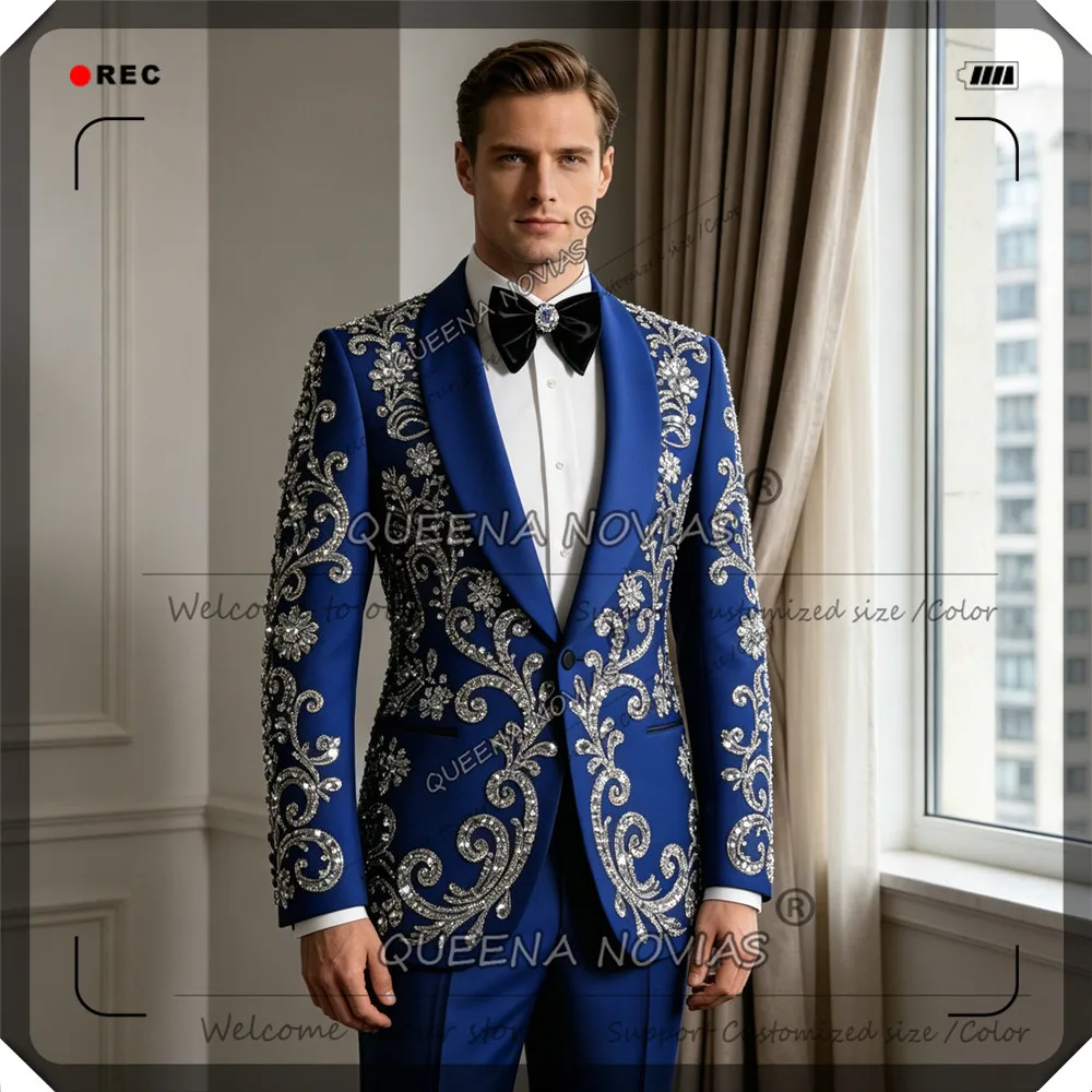 

Luxury Suits Men Formal Party Wear Sliver Crystals Beading Jacket Pants 2 Pieces Sets Groom Tuxedos Slim Fit trajes para hombre