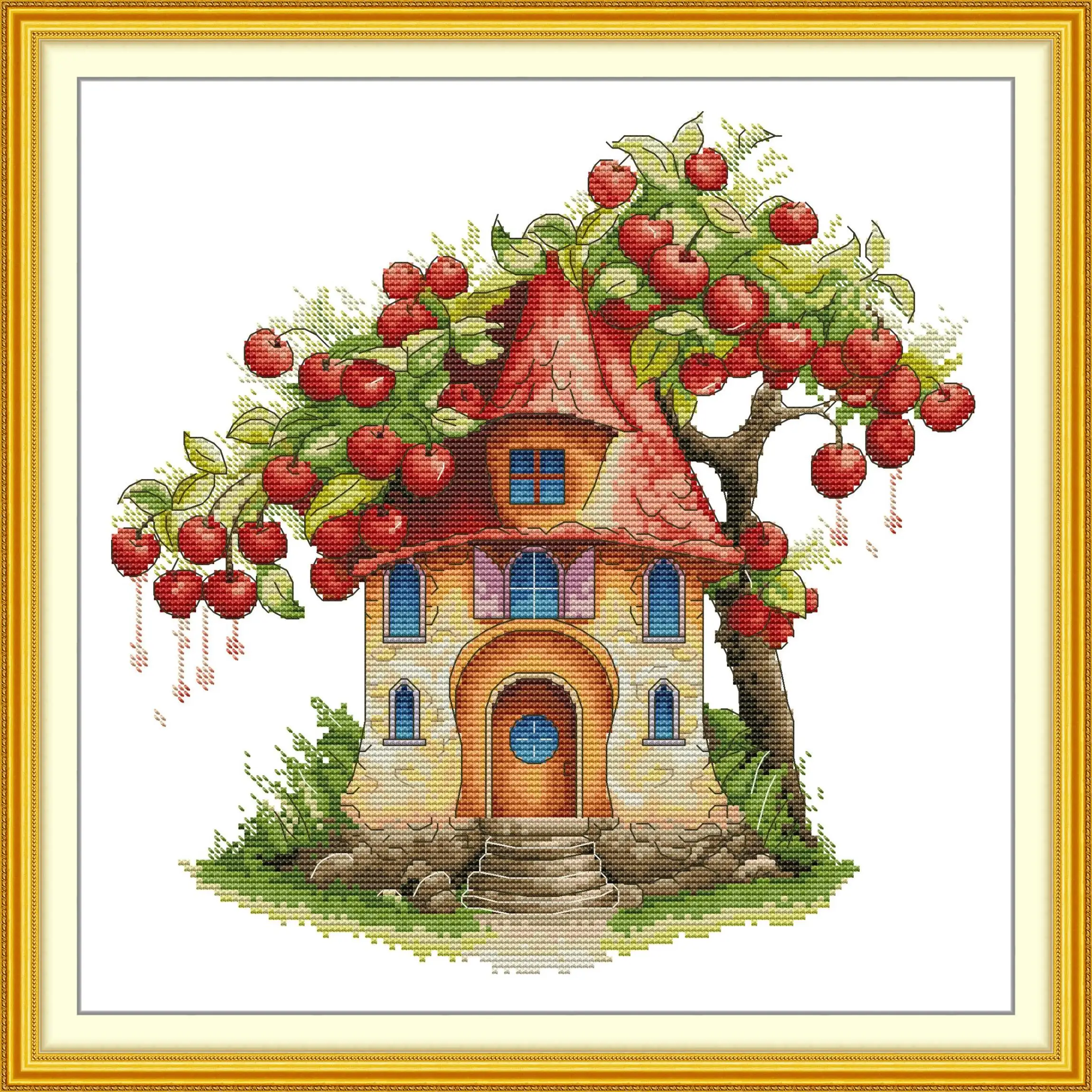 

Joy Sunday Pre-printed Cross Stitch Kit Easy Pattern Aida Stamped Fabric Embroidery Set-Cherry Cottage