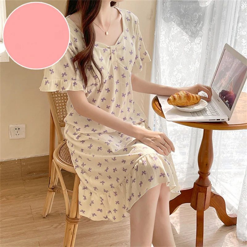 Night Dress Women Plus Size Short Sleeve V Neck Nightgowns Female Casual Printed Chest Padded Home Wear Nightshirt M-5XL