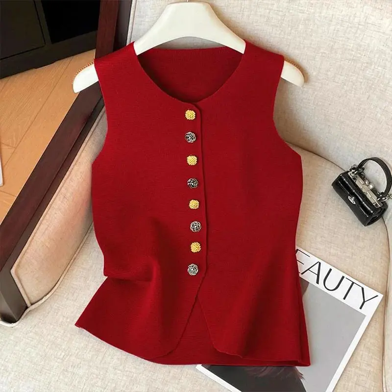 Round Neck Knit Vest coat Women Orange Sleeveless Mixed Decor Buttons Irregular Hem Soft Stretch Slim Fit Knit Outerwear Blouse