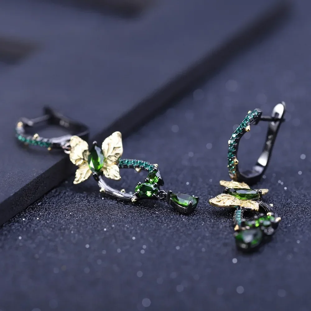 GEM'S BALLET 925 Sterling Silver Earrings Natural Chrome Diopside Handmade Butterfly on Branch Drop Earrings for Women Brincos