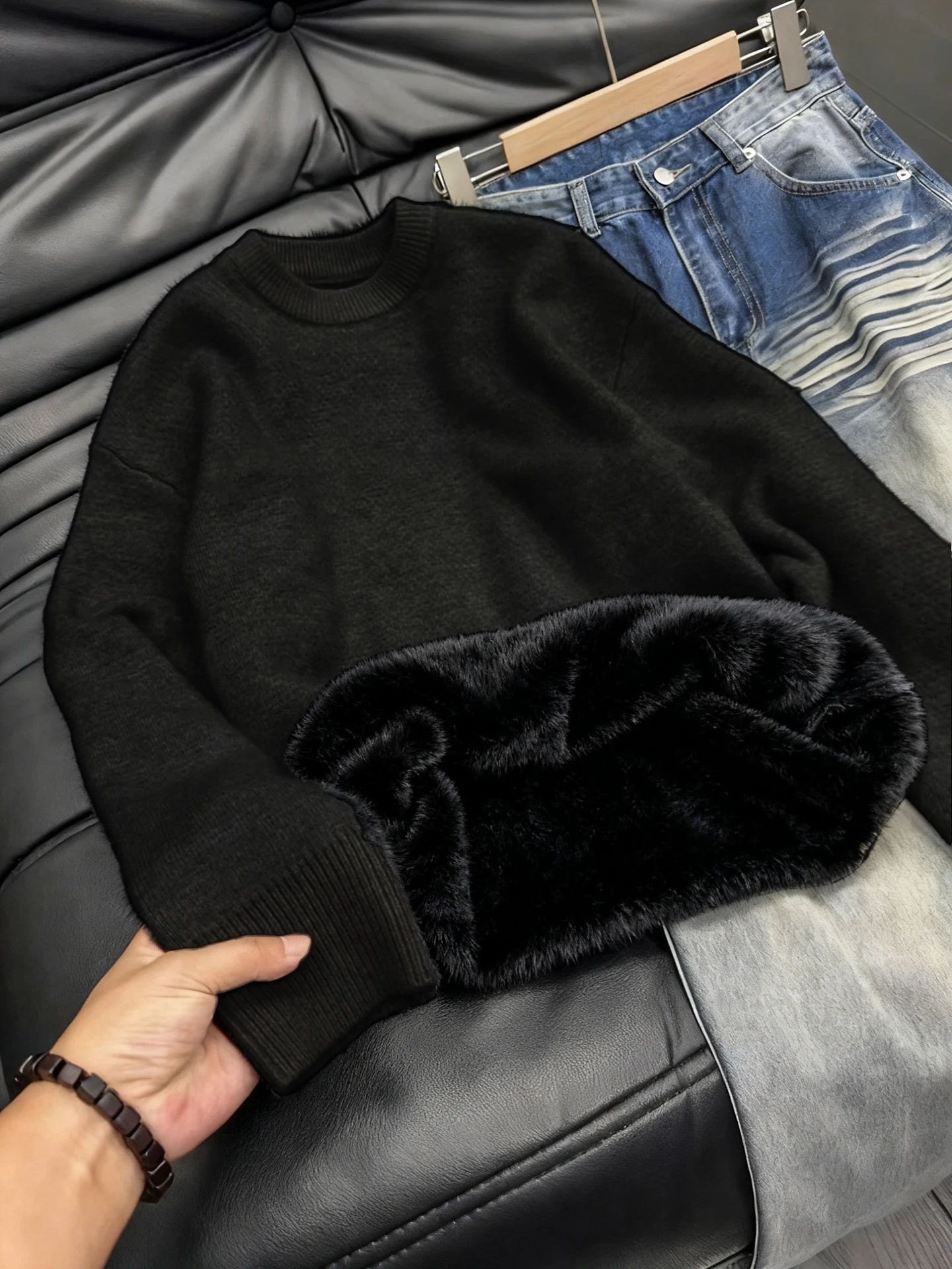 

Мужской теплый зимний свитер с начесом, вязаный топ для дома и улицы, повседневный