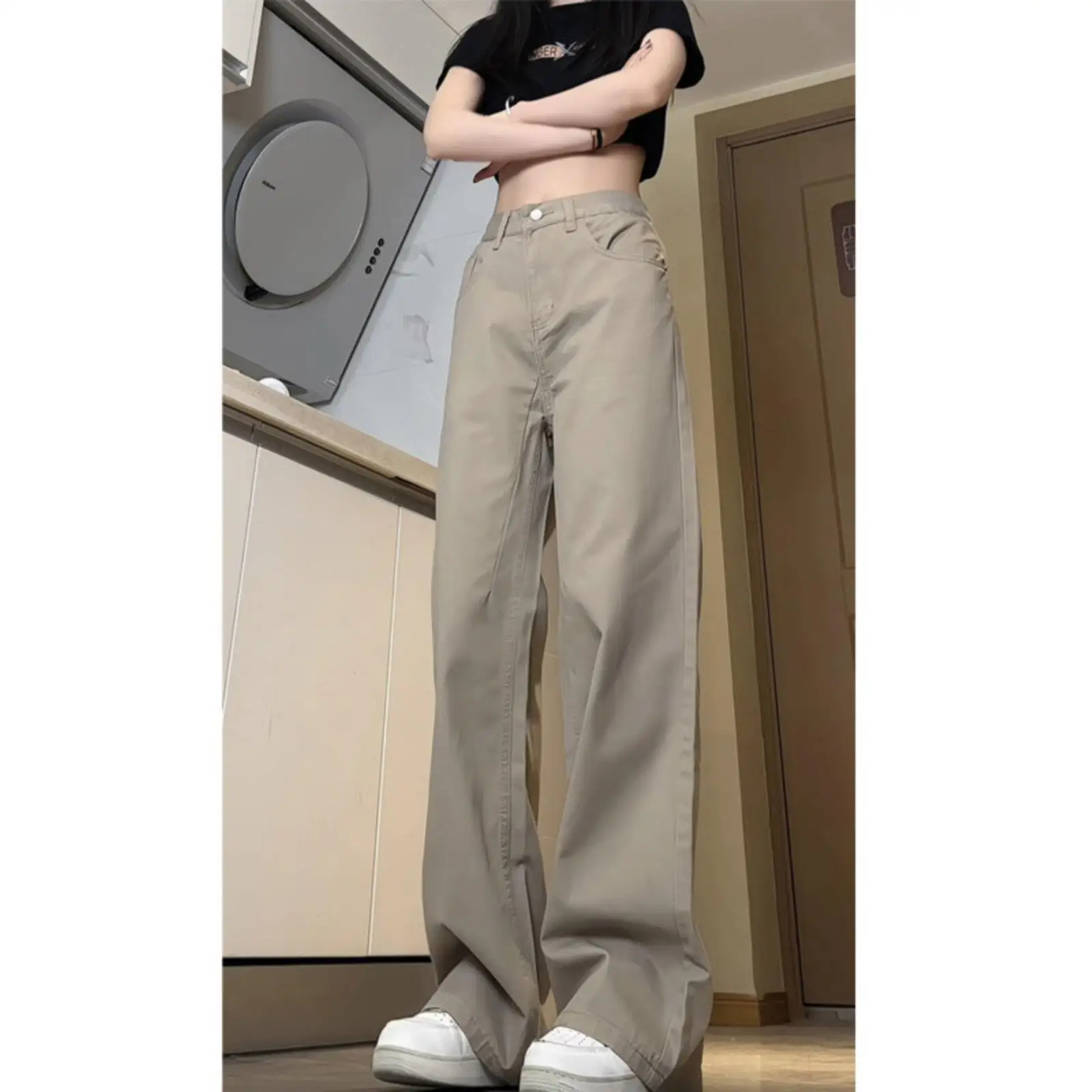 

Мужские повседневные брюки цвета хаки, модные, в стиле High Street, широкие, в пол, подходят для высоких, прямого кроя, для работы