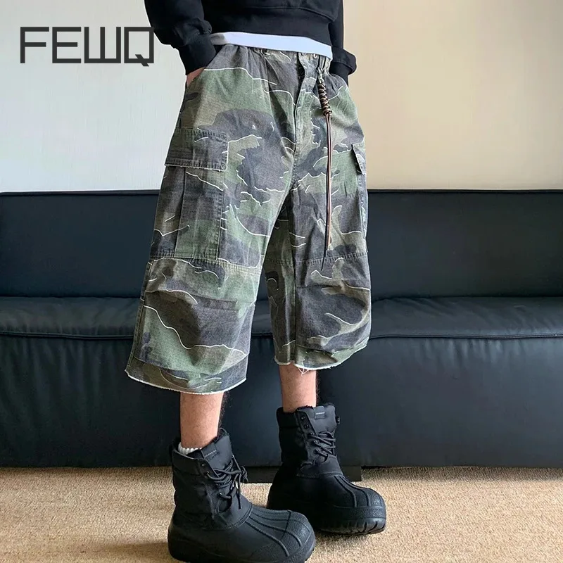 FEWQ pantaloncini Cargo da uomo larghi mimetici lavati in stile americano Street nicchia Workwear 2024 pantaloni maschili con Design tascabile 24