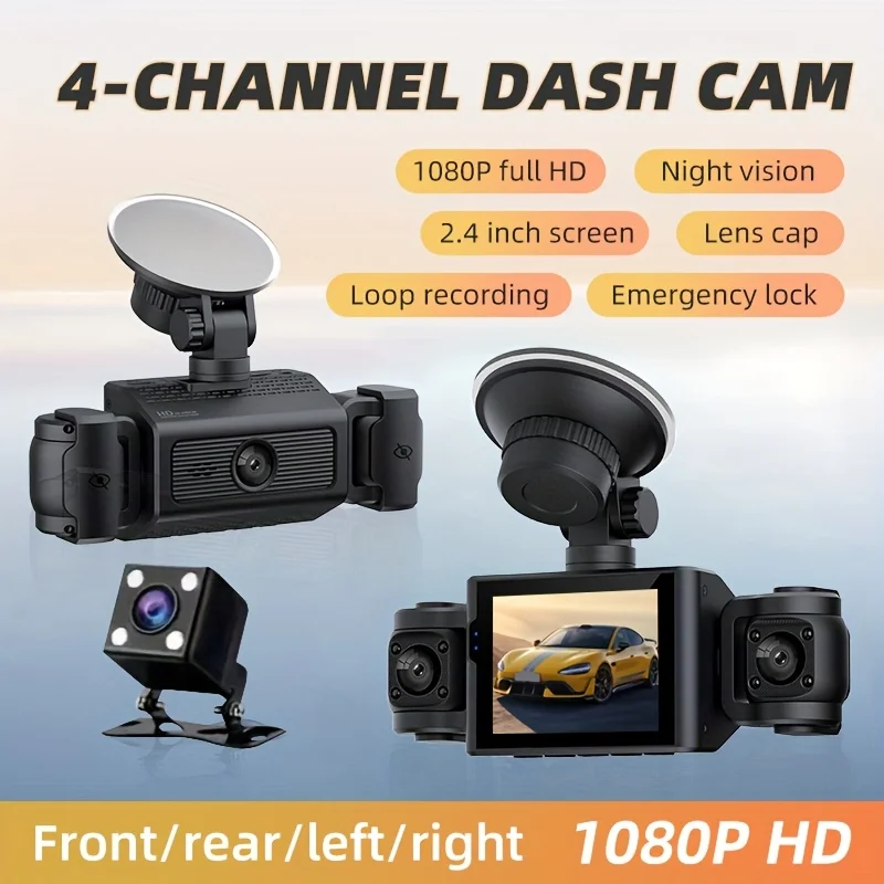 4-Channel Car Dash Cam FHD 1080P Dash Cam Vehcle Black Box Front and Rear Dash Dam for Car  Dashcam