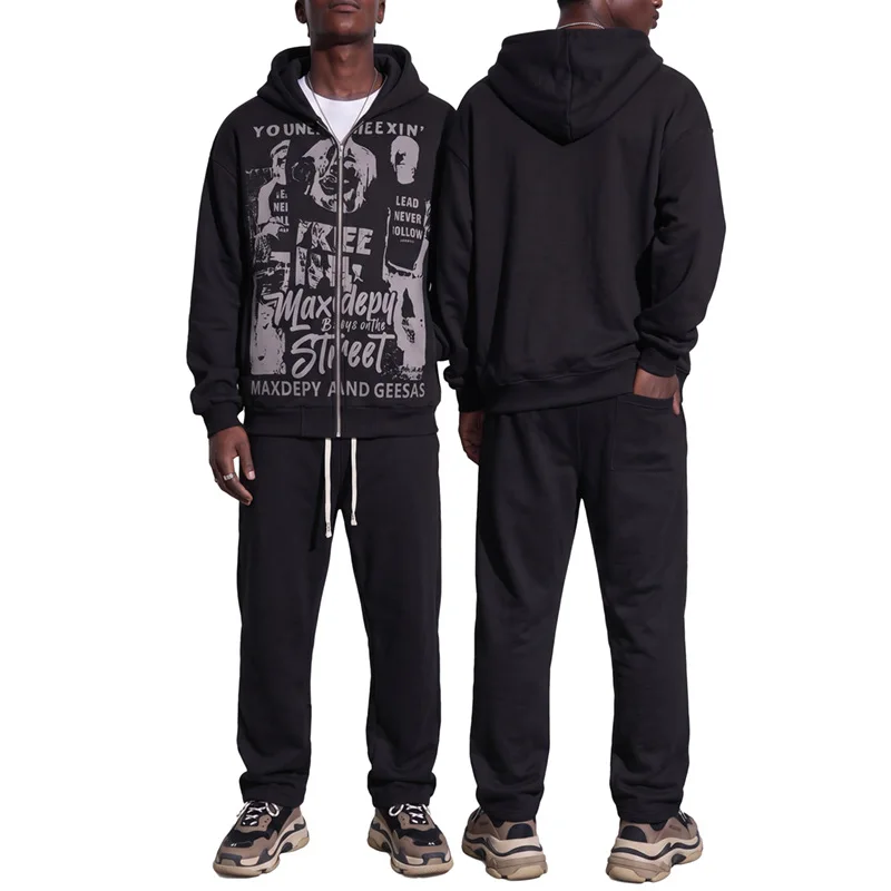 2026 Autumn Zipper Hoodie Tops And Pants Two Piece Sets Mens Streetwear Print Hooded Tracksuit Suits Fashion Loose Outfits Mens
