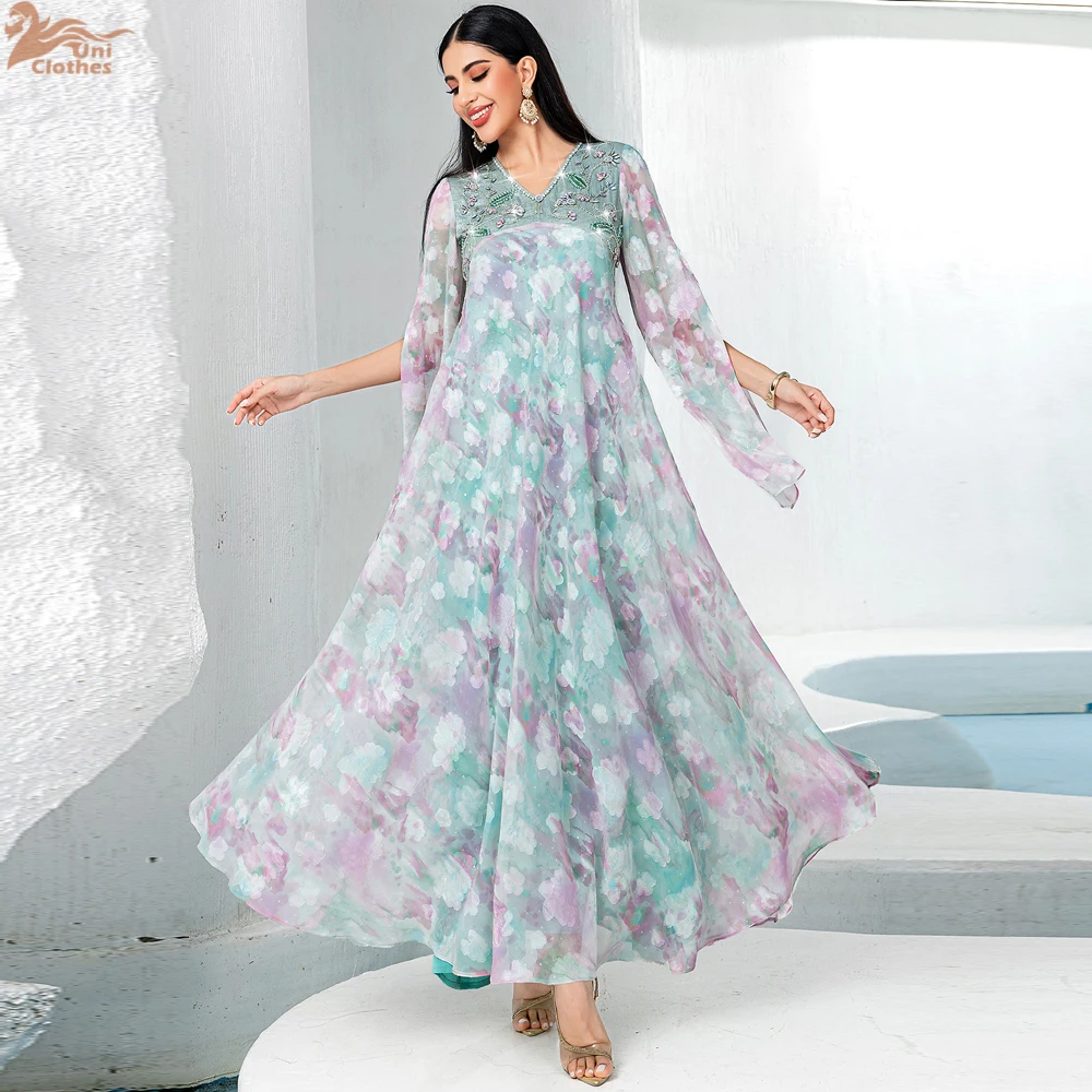 

Dubai Ramadan Eid Party 2 Piece Set Chiffon Abaya with Inner Dress Half High Neck Gown for Women Islamic Clothing Kaftan ﻿