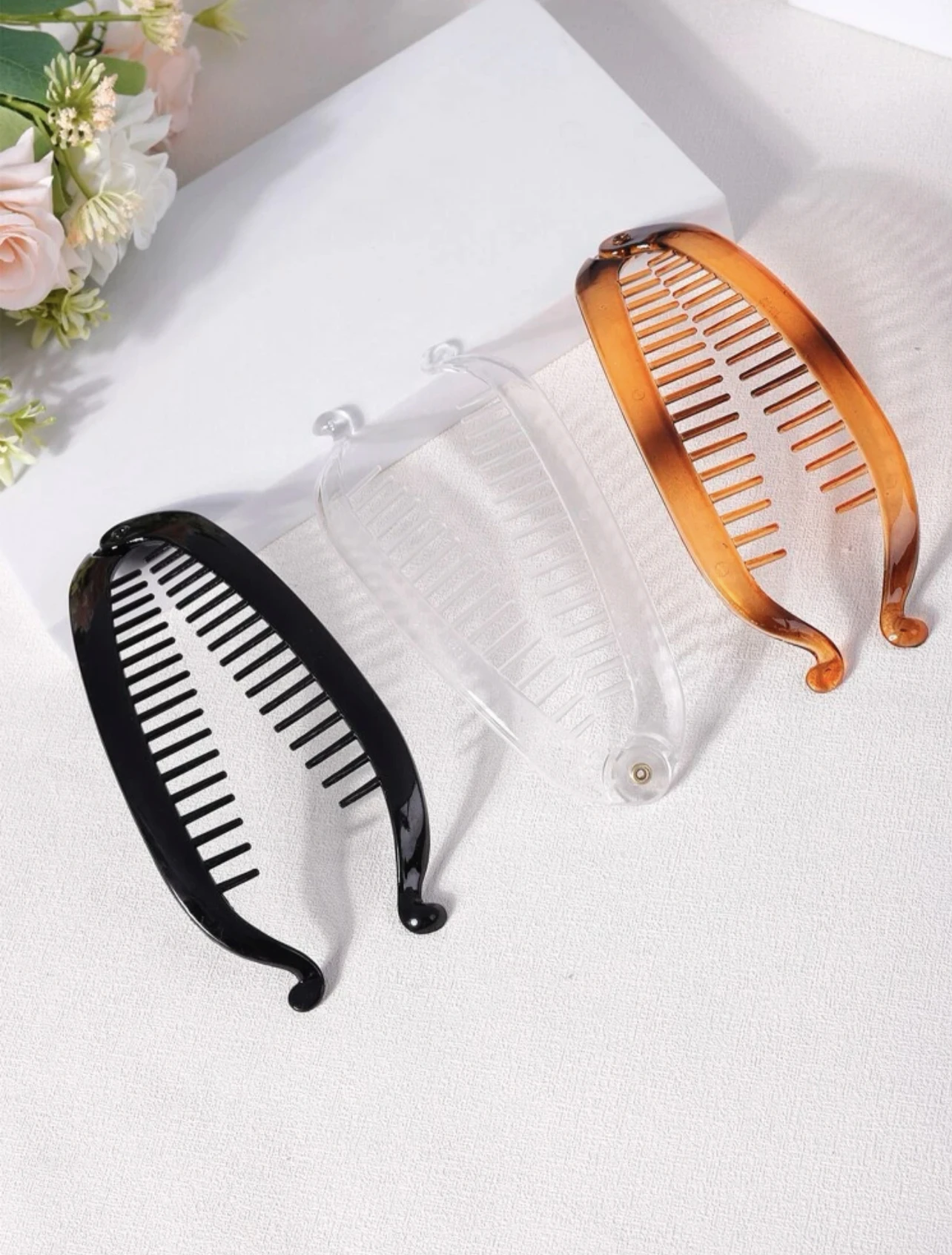 3 Stück Damen Schwarz Klar Schildpatt Ombre Bananenklammer Haarklammern Pferdeschwanz Haarspange – Detail 2
